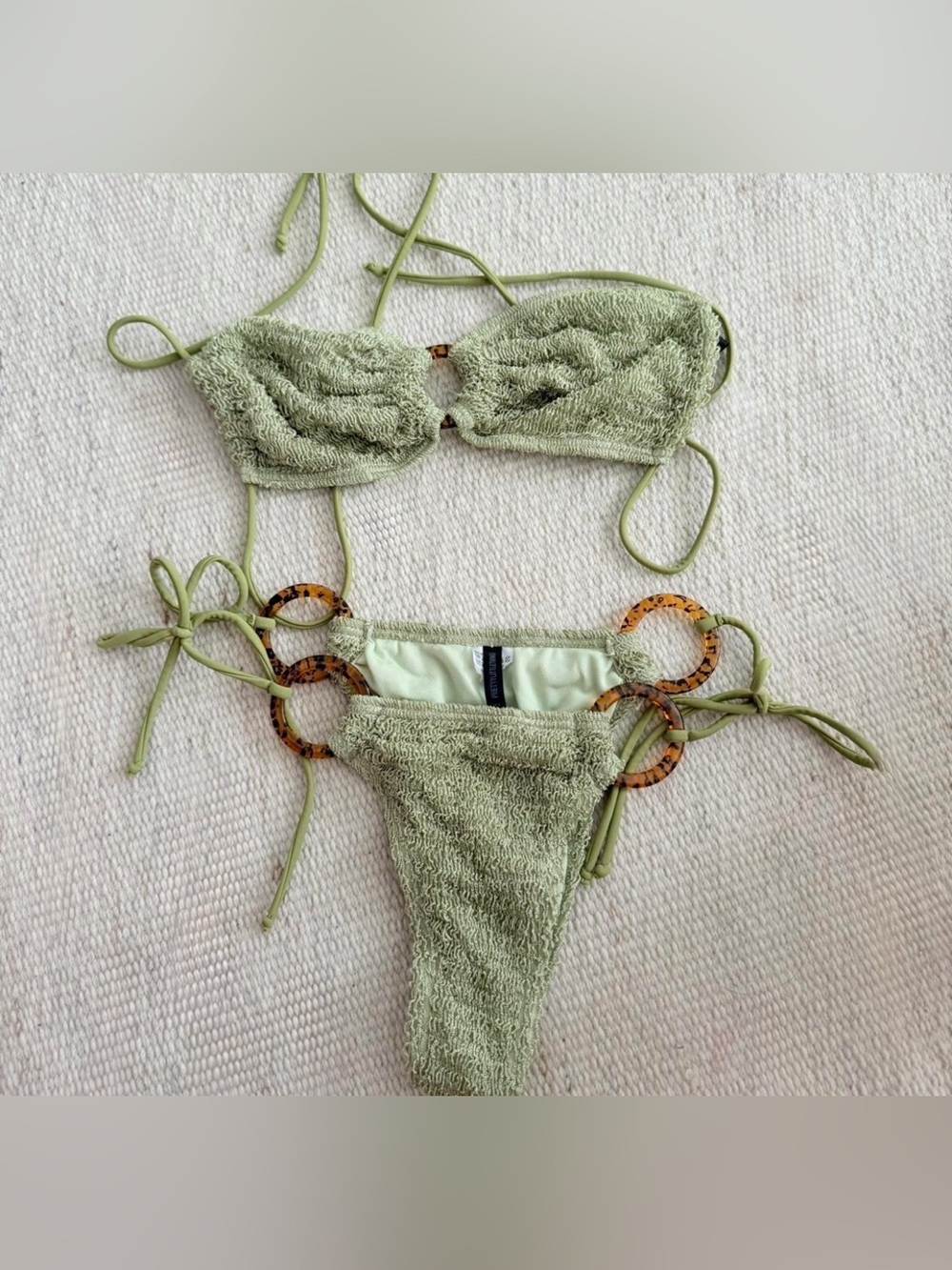 PrettyLittleThing Sage Green Textured Bikini Set with Tortoise Shell Accents